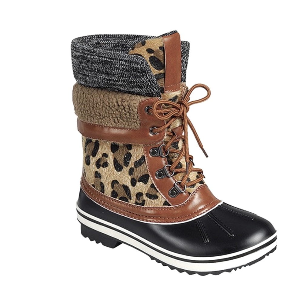 SOLD OUT Leopard Sherpa Winter Duck Ankle Boots - Picture 1 of 3